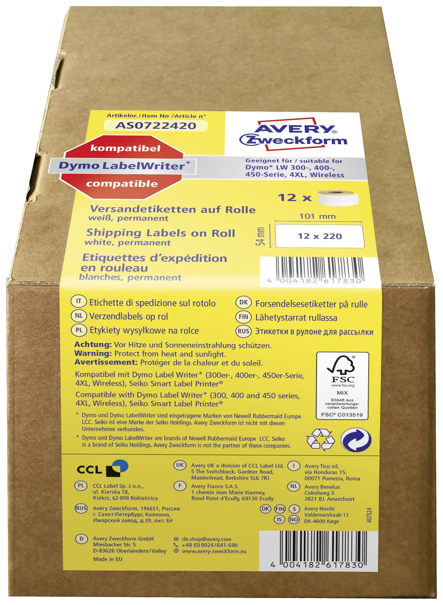 Shipping Label Box with Yellow Label. Text emphasises Compatibility with Dymo LabelWriter. Contains 12 Rolls, each 101 mm Wide.