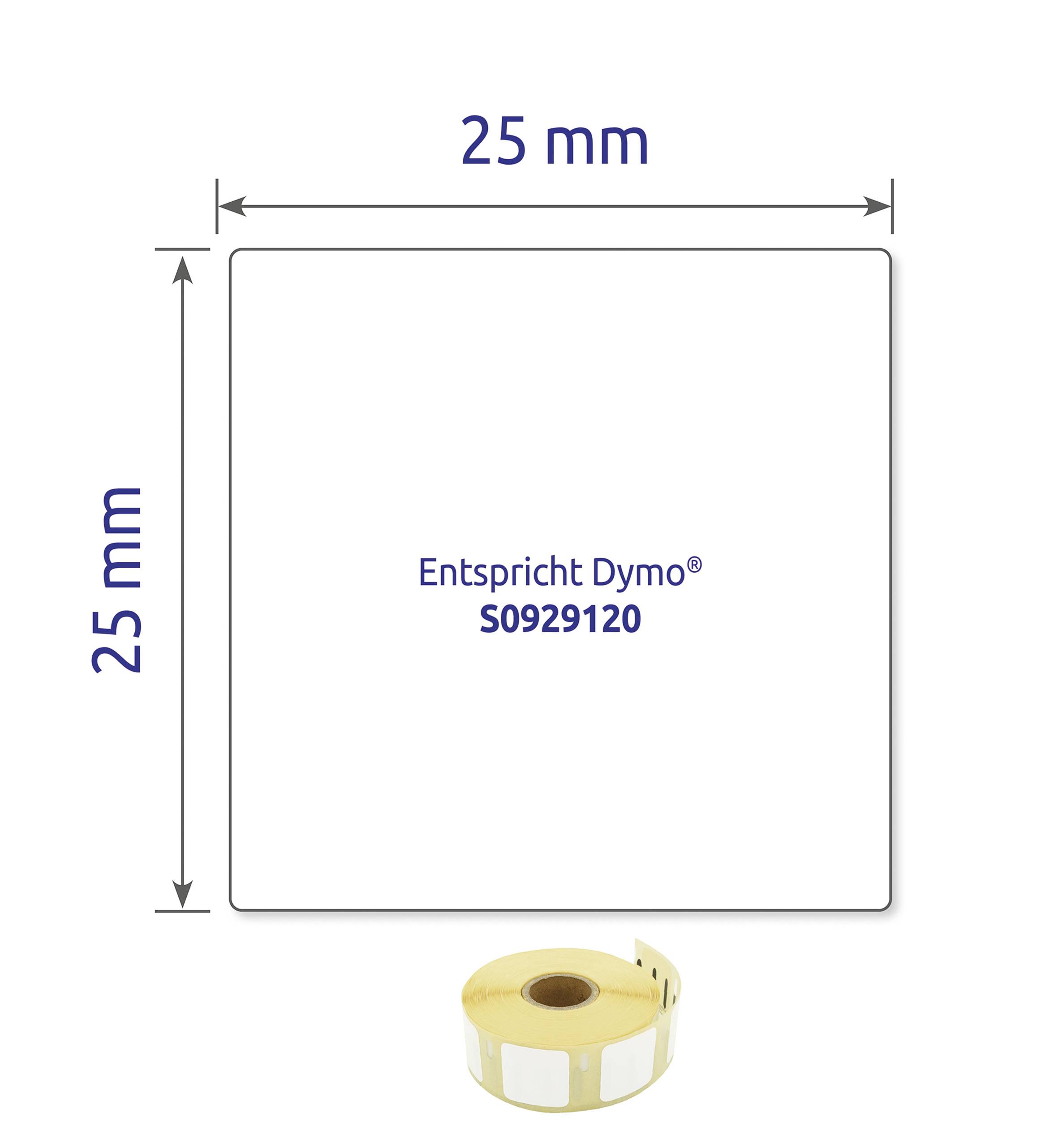 'Square label, 25 mm x 25 mm, compatible with Dymo. Label roll shown below.'