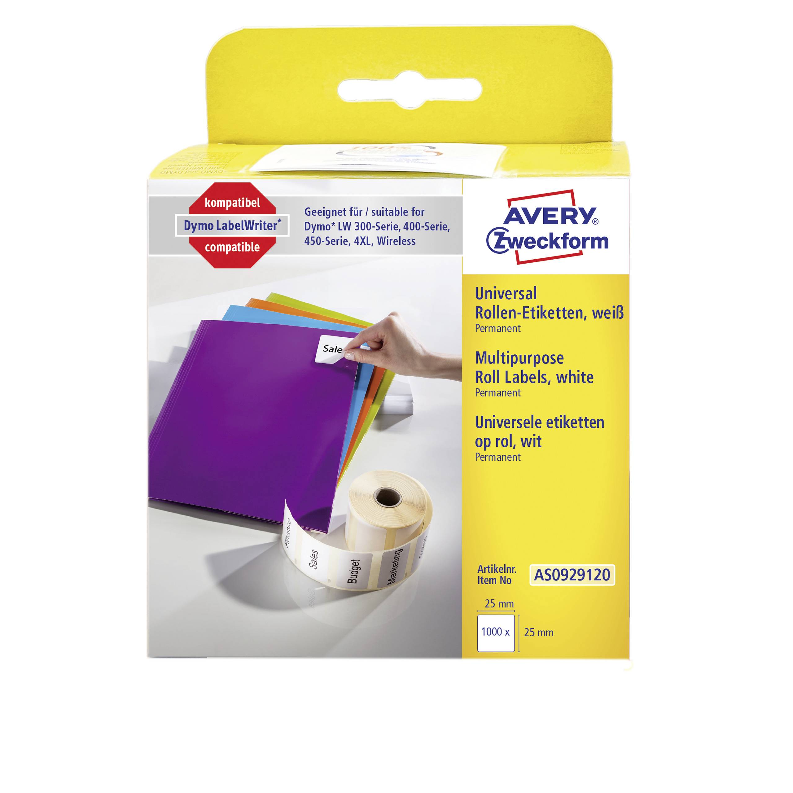'Packaging for Avery Zweckform Universal Labels' shows a roll of white labels. Print: compatible with Dymo label printers.