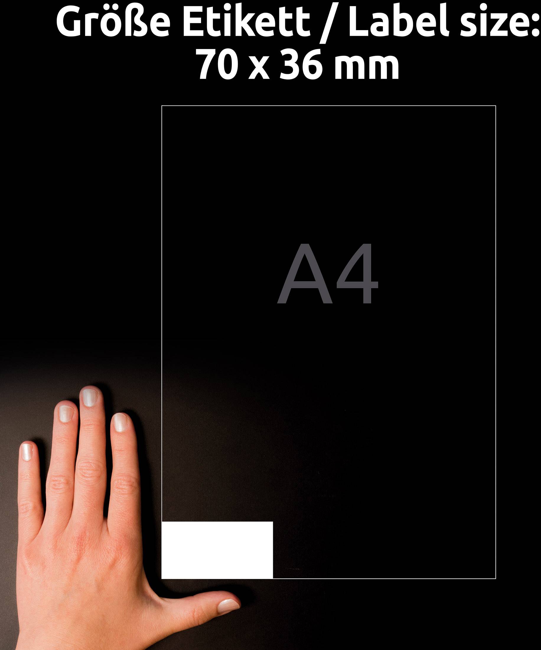'Label size: 70 x 36 mm' appears above an image of a hand next to an A4 sheet with a small label in the bottom left corner.