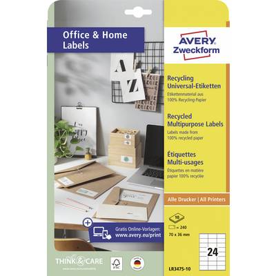Avery Zweckform office and home labels packaging showing recycled multi-purpose labels and recycling labels for all printers, with 70 x 36 mm size and 24 labels per sheet.