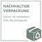 Instruction graphic: 'SUSTAINABLE PACKAGING' – cardboard with at least 90% recycled content, depicted by a green box with recycling symbol.