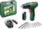 Cordless drill set with green hand drill, charger, drill bits and plastic carry case, marked with 'Bosch'.