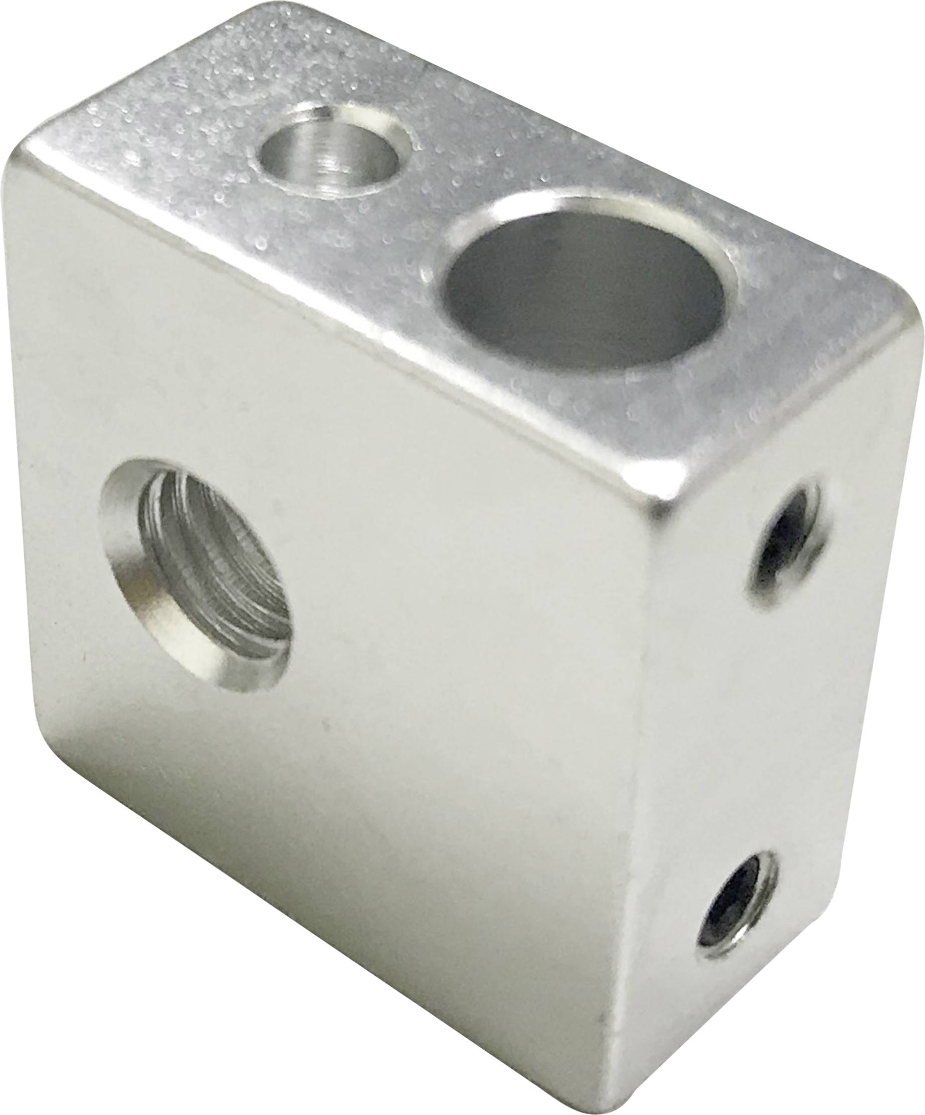 Metal block with multiple drillings, presumably part of a machine component or mechanical system.