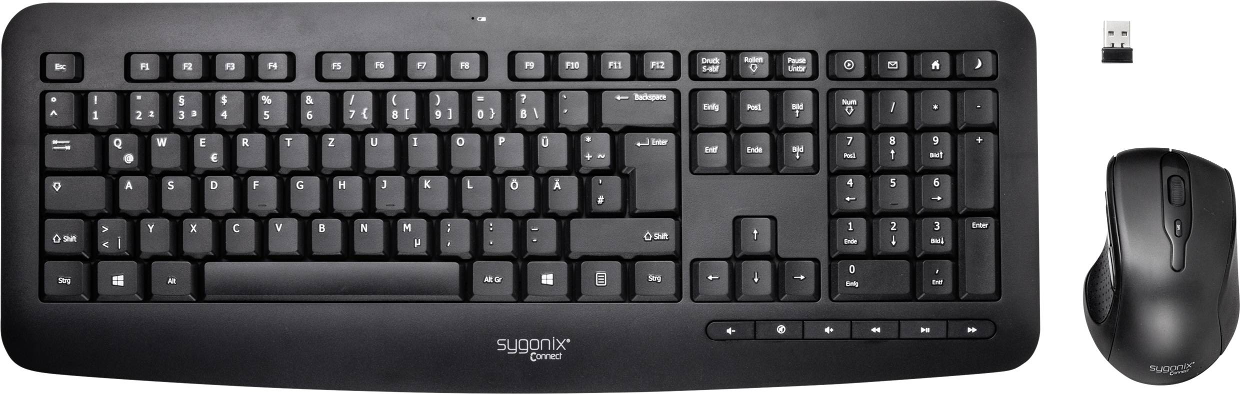 Sygonix Connect SC-KMC-300 Radio Keyboard and mouse set Numeric keypad German, QWERTZ Black-1
