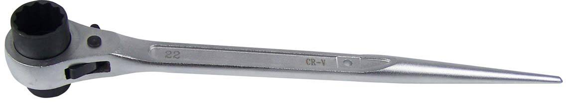 A silver ratchet spanner with a long handle and ratchet head, for use with sockets.