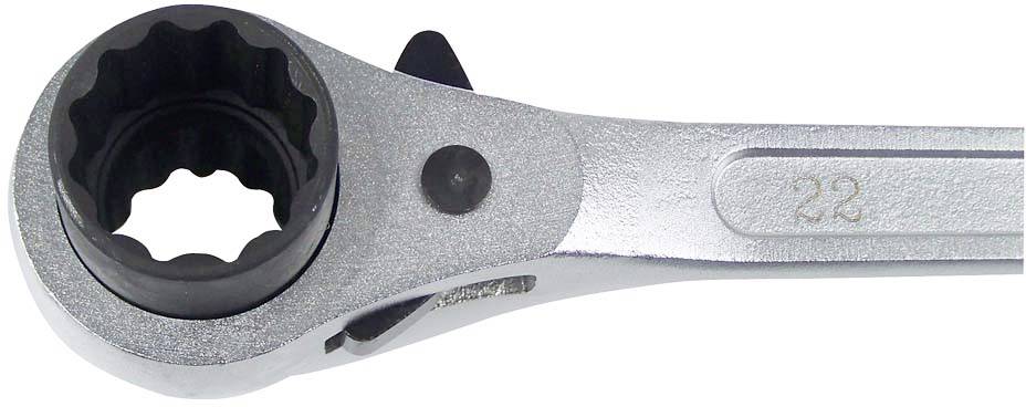 Metal ratchet ring spanner, number 23 embossed. Suitable for work on screws and nuts of the same size.