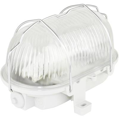 A white, oval ceiling light with ribbed glass and a metal grille, suitable for indoor or outdoor areas.