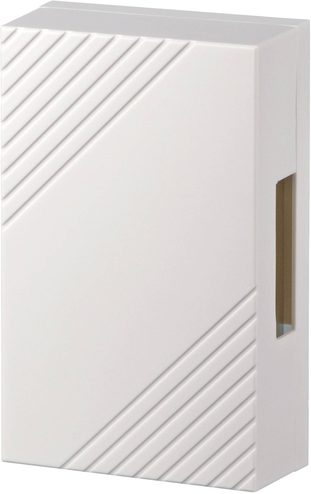 Rectangular, white casing with diagonal grooves and a side slot, potentially part of an electronic device or enclosure.