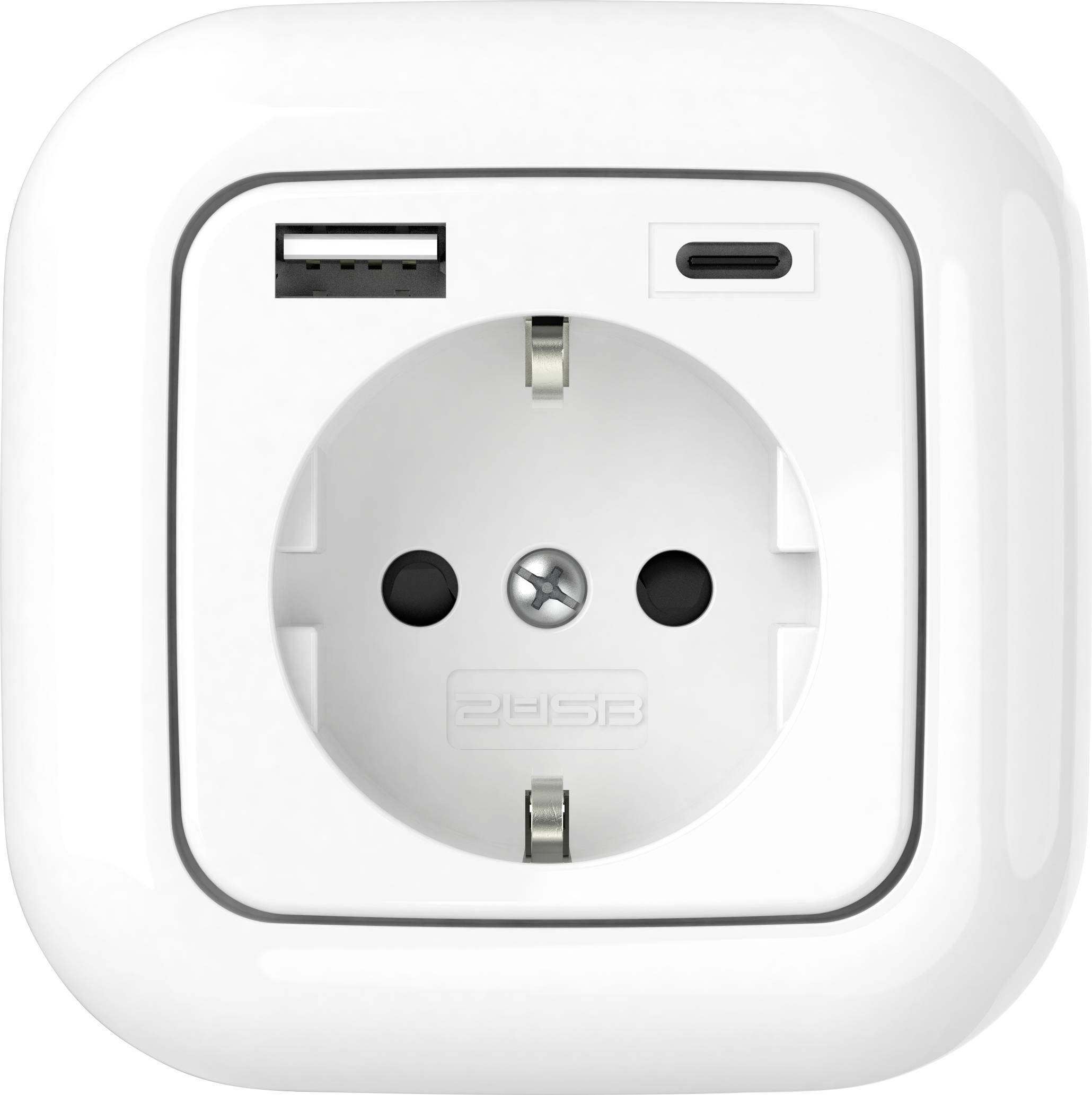 White socket with a USB-A and a USB-C charging port on top.