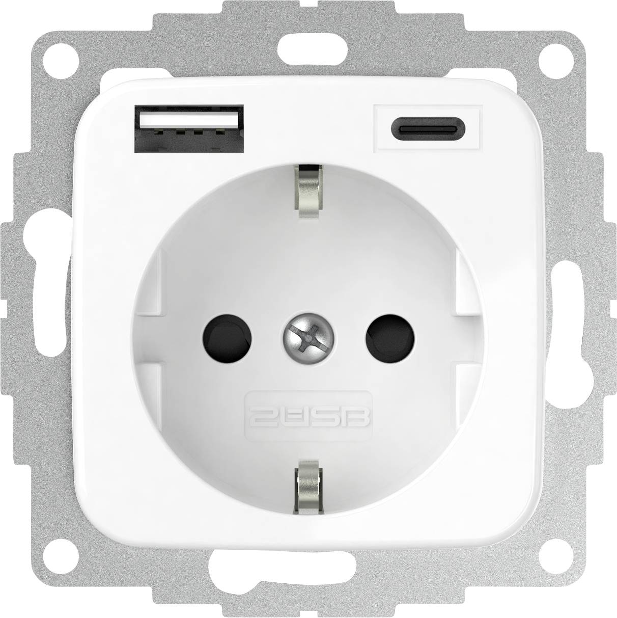 A white electrical socket with integrated USB-A and USB-C ports, mounted on a metal frame plate. Neutral grey background.