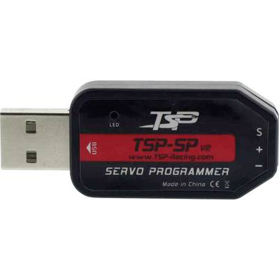 USB device, labelled with 'TSP-SP V2' and 'SERVO PROGRAMMER', featuring a USB port and two LED indicators, manufactured in China.