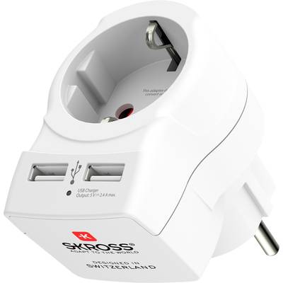 A white travel adapter with two USB ports and EU plug. Marking 'SKROSS, Designed in Switzerland'. Suitable for connecting various devices worldwide.