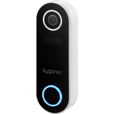 A black smart doorbell with a camera and a blue illuminated bell button, with the brand name 'sygonix' visible on it.