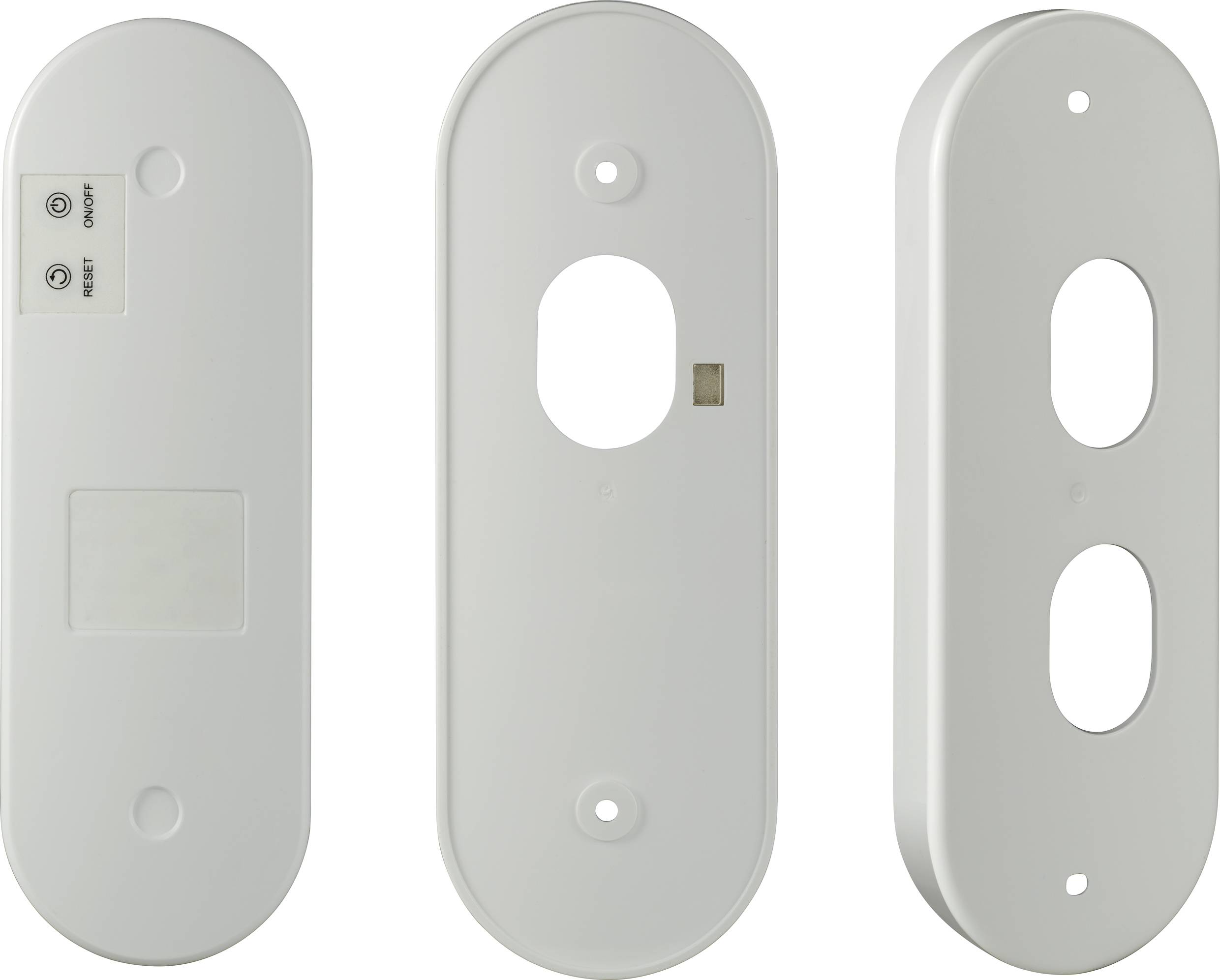 Three white, rectangular device covers with various hole arrangements and screw openings for door or wall mounting.