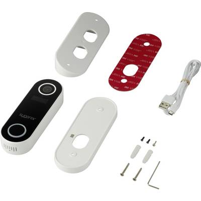 Doorbell kit comprising camera, mounting plates, fixing hardware, and USB cable.
