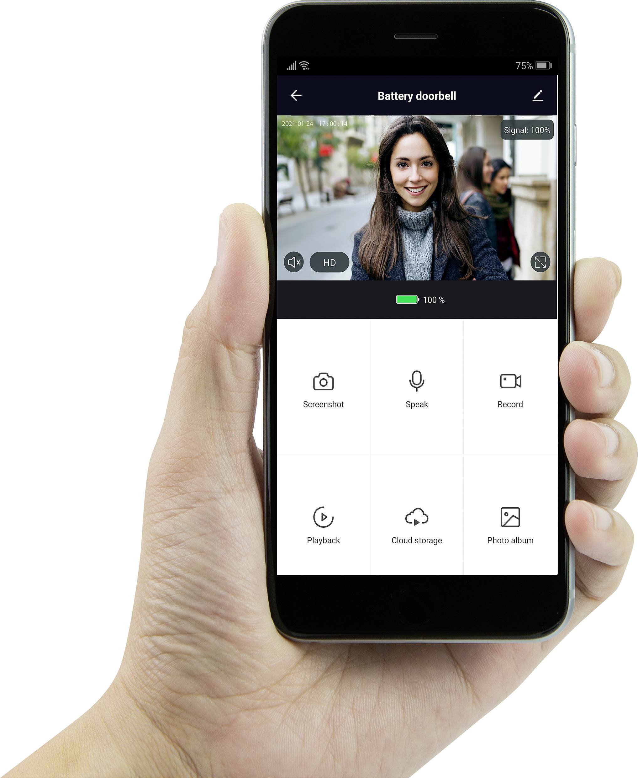 A person is holding a smartphone with a video call app, showing their conversation partner on the screen. Symbols for screenshot, language, and recording are visible.