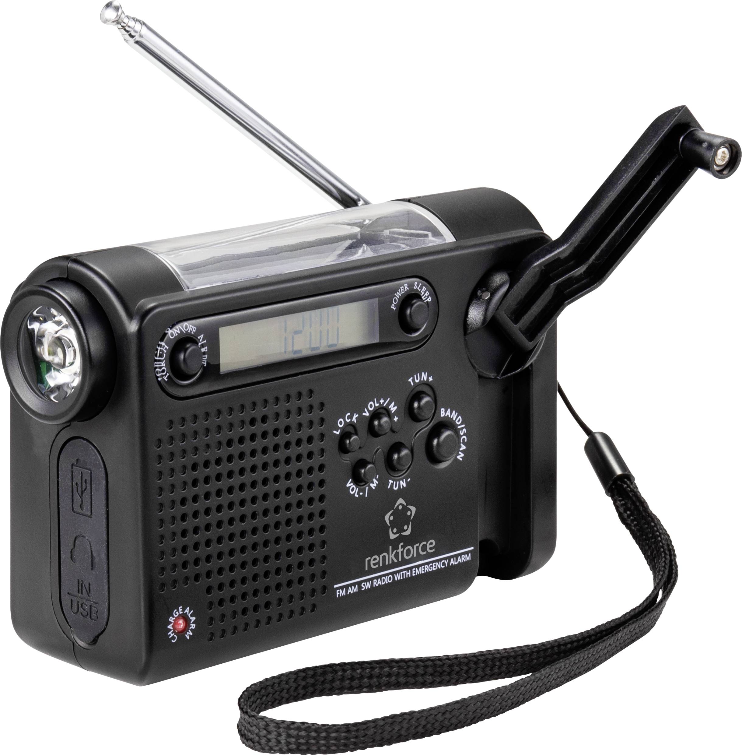 Renkforce RF-CR-200 Portable radio FM, AM, SW Emergency radio rechargeable,  Solar panel, Crank, Alarm clock, Torch Blac 