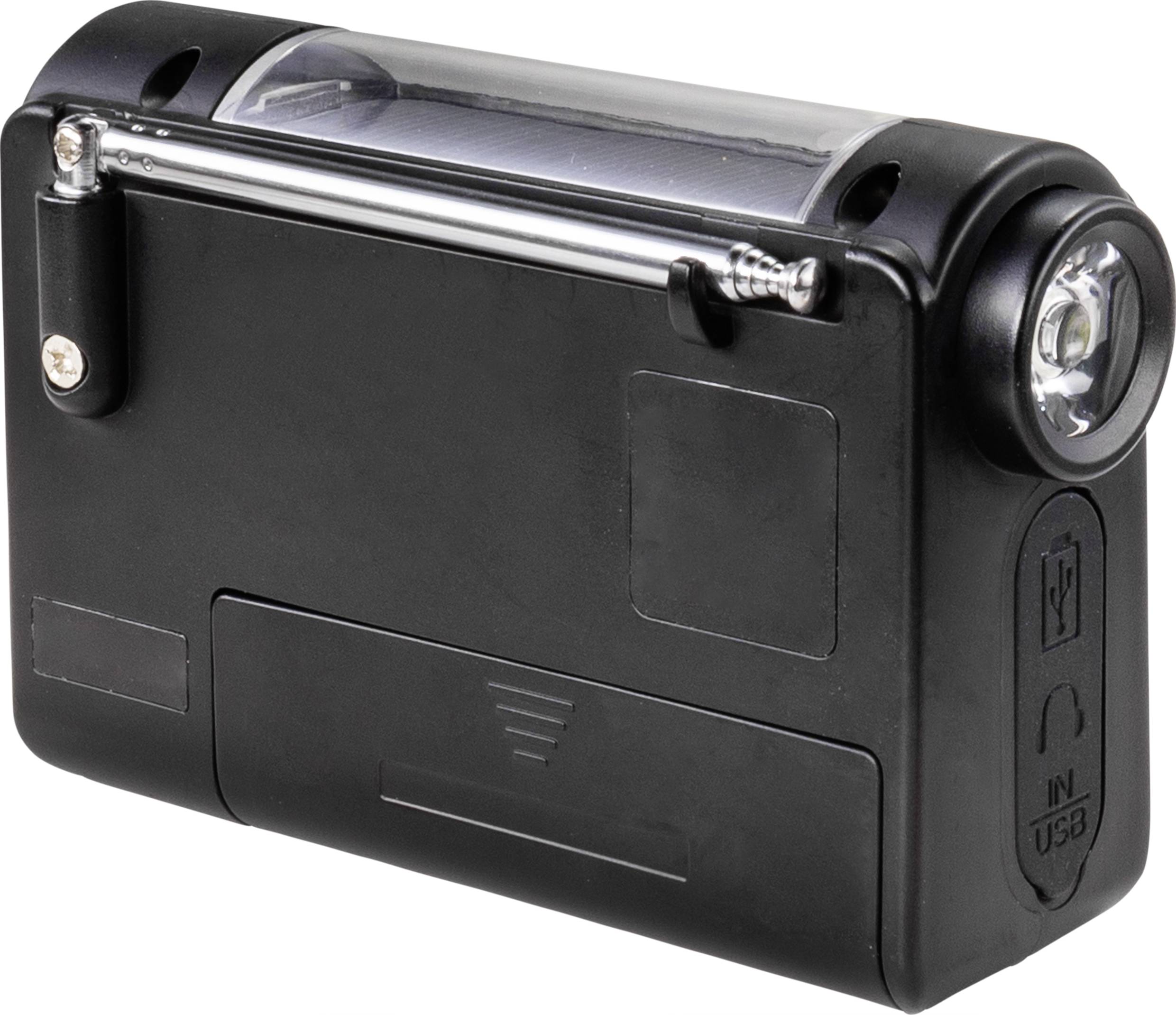 A black, portable device with a USB port and built-in light. Possibly a charger or a torch.