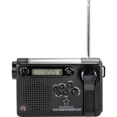 A black portable radio with an aerial, LED display showing '12:05', rotary knobs for volume and tuning, brand 'Renkforce'.