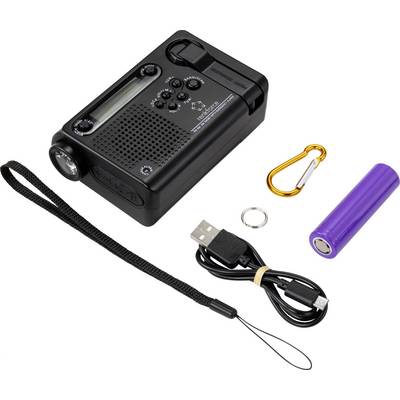 Portable Emergency Radio with Hand Crank, Solar Cell, Torch and USB Port. Includes Carabiner, USB Cable, Battery and Carrying Strap.