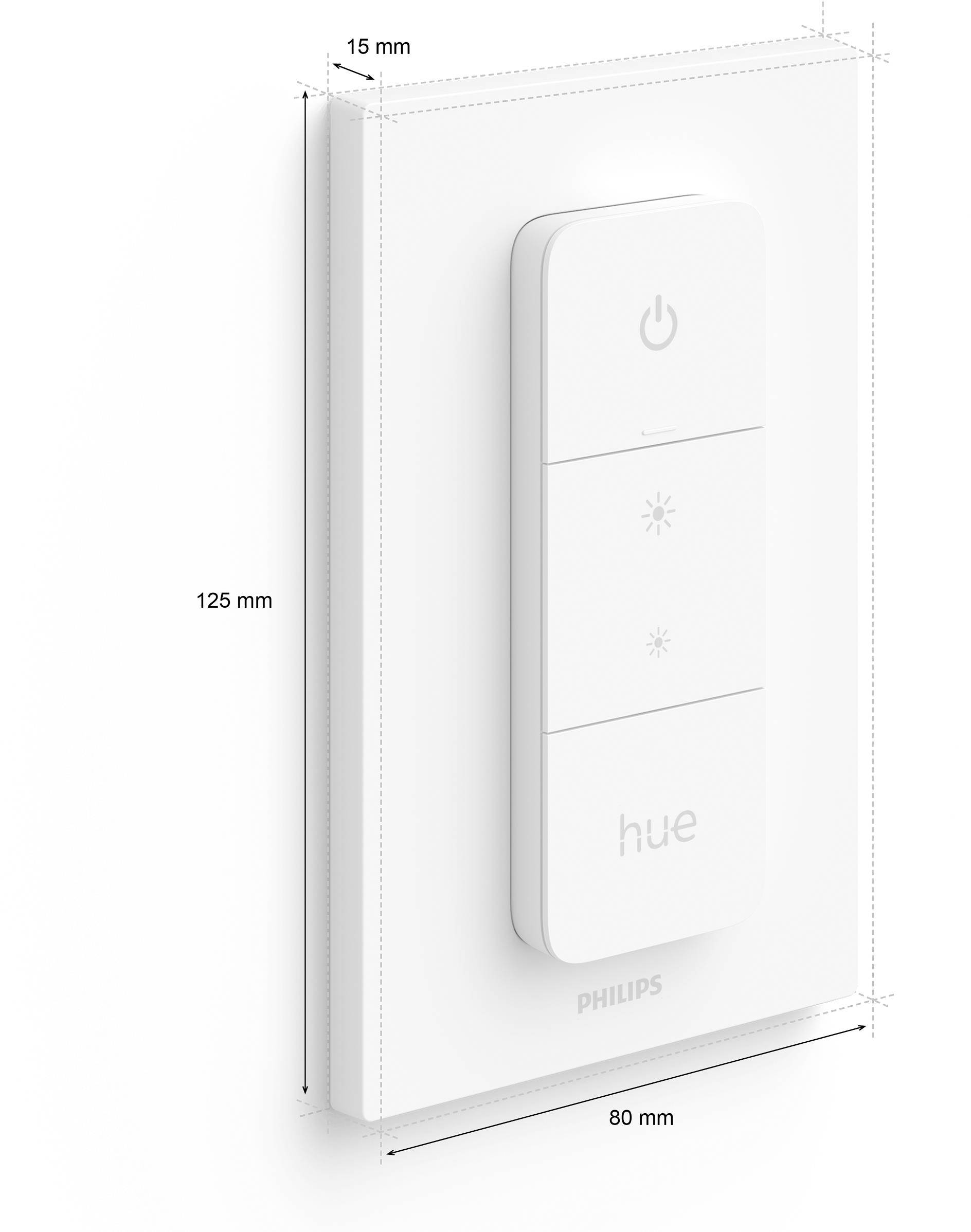 A Philips Hue dimmer switch measuring 125 mm x 80 mm with a thickness of 15 mm, featuring an on/off switch and brightness control.
