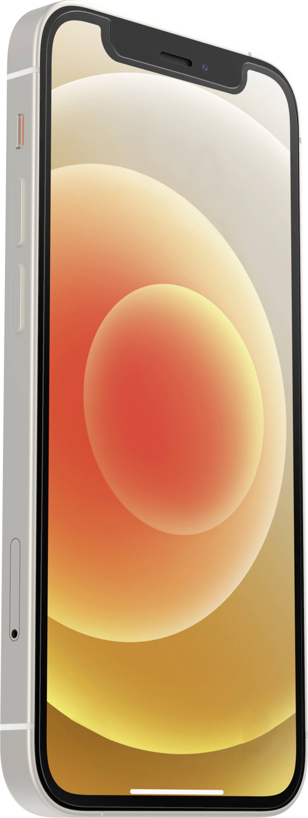 Smartphone with rounded corners and display featuring an orange, abstract background. Side view with visible buttons.
