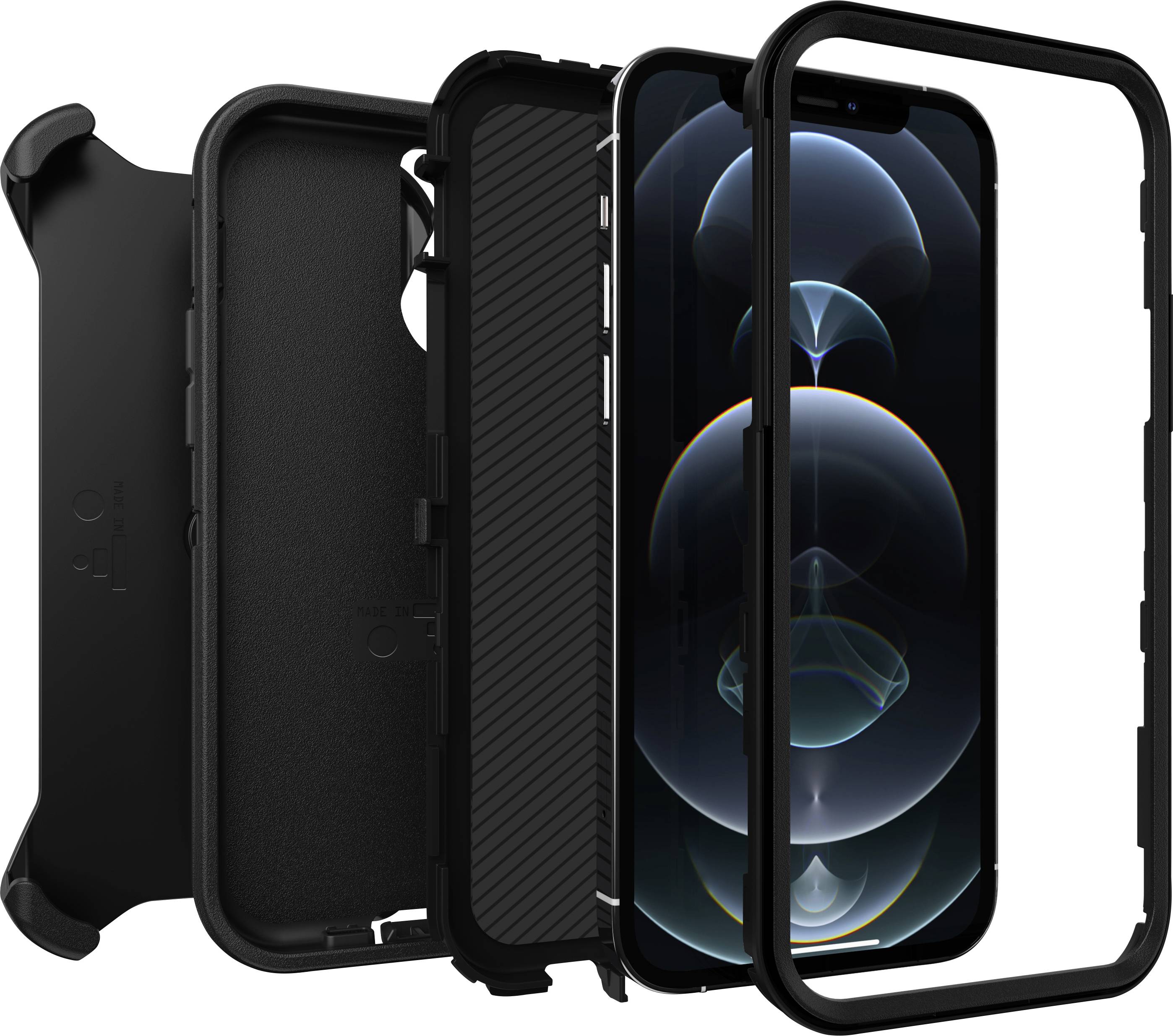 Smartphone in a robust, black protective case, consisting of multiple layers: front screen, mid-section, and back panel.