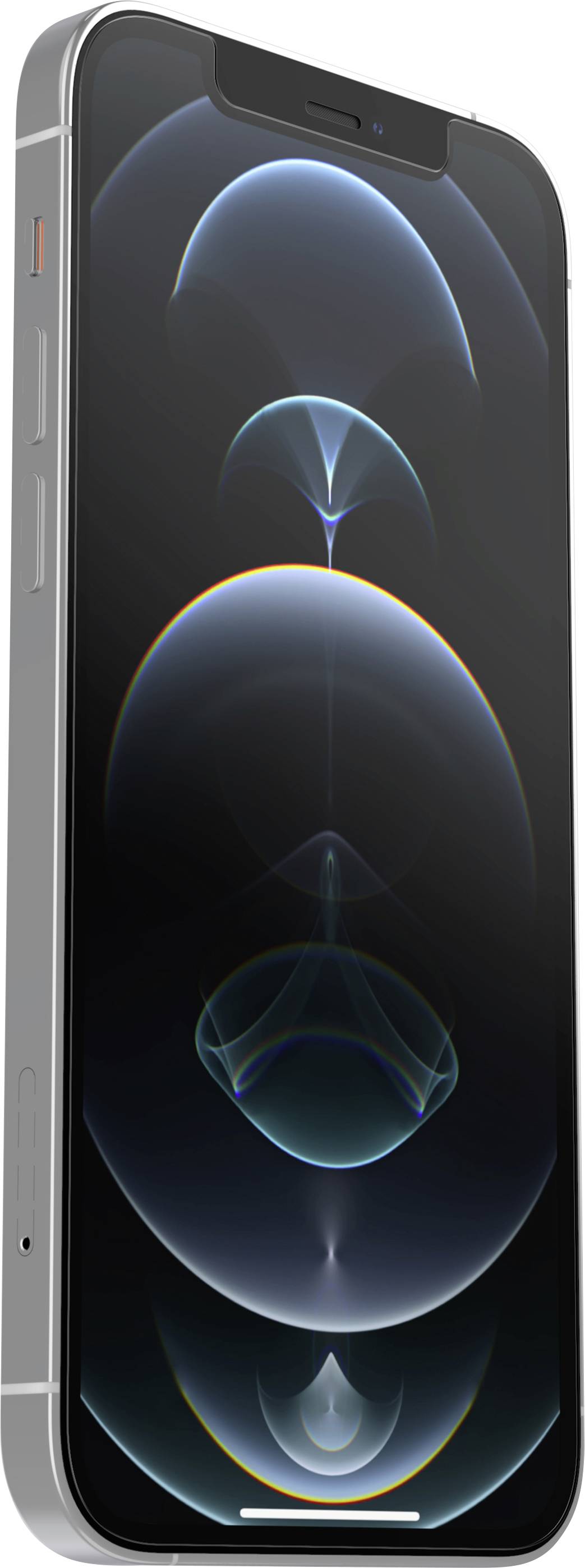 A modern smartphone with a black screen displays glowing, blue abstract shapes. Side view, focus on design.