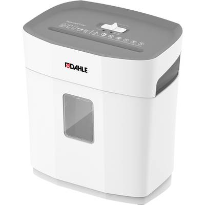 A grey and white paper shredder with a transparent waste bin opening. Symbols and the brand name are located on the top.