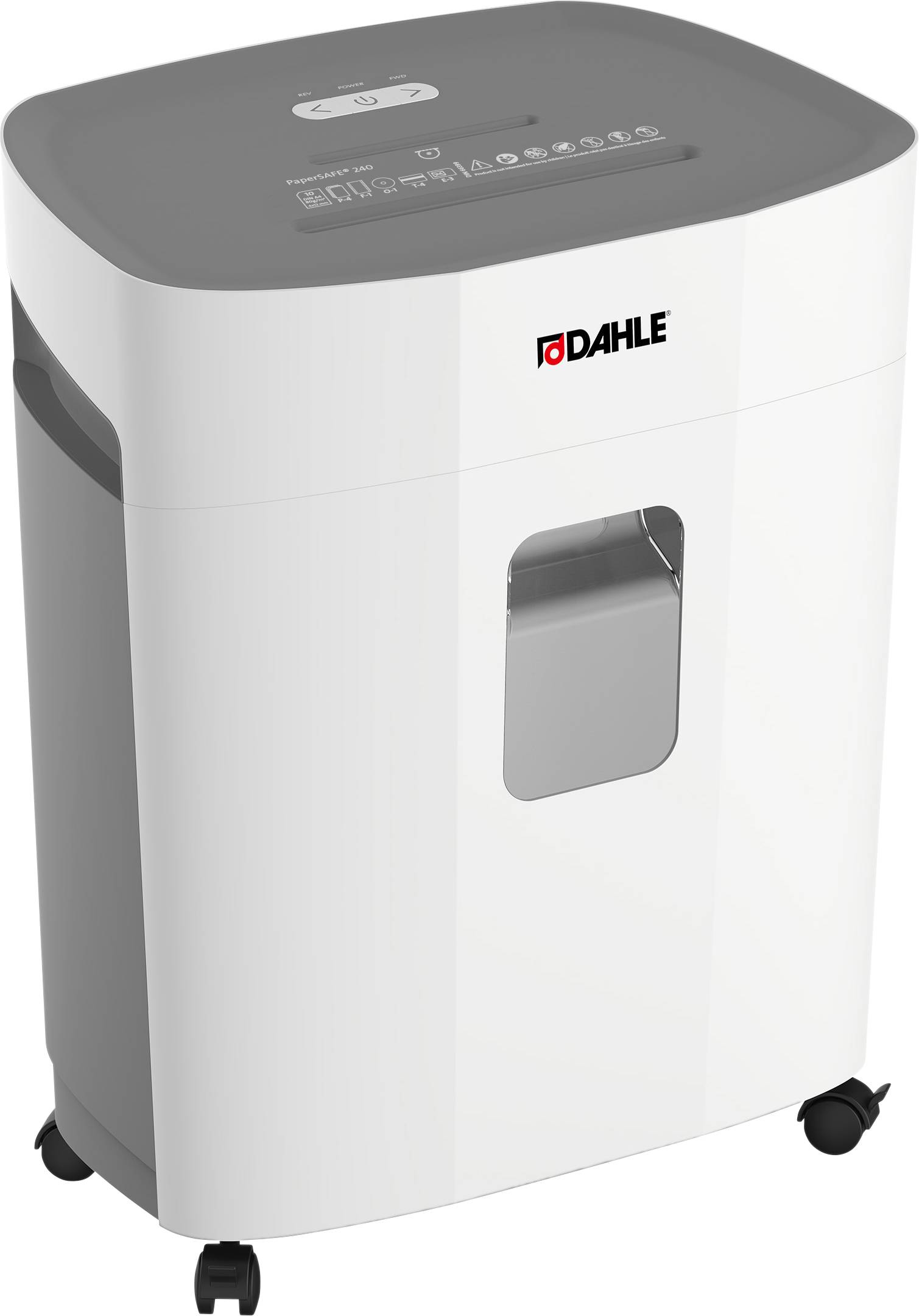 A white paper shredder with a grey lid and viewing slot, mounted on castors. The 'DAHLE' brand logo is visible on the front.