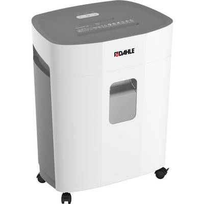 A white paper shredder with a grey lid and viewing slot, mounted on castors. The 'DAHLE' brand logo is visible on the front.