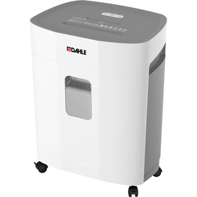 White paper shredder with viewing window; Dahle brand. Mounted on castors, upper surface featuring control elements and safety instructions.