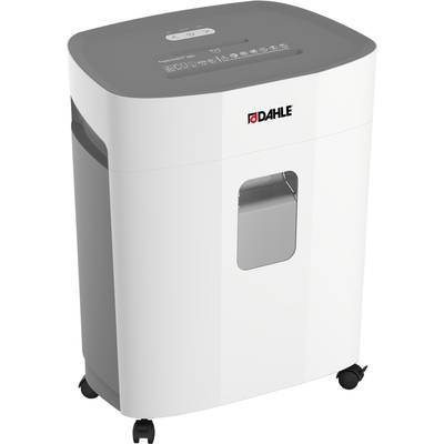 Paper shredder with white casing, black top surface, and four castors.