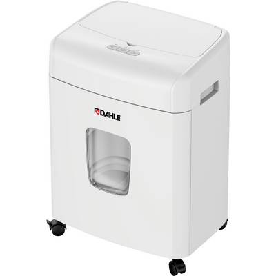 A white paper shredder on wheels, Dahle brand, with a transparent viewing window in the container, suitable for office use.
