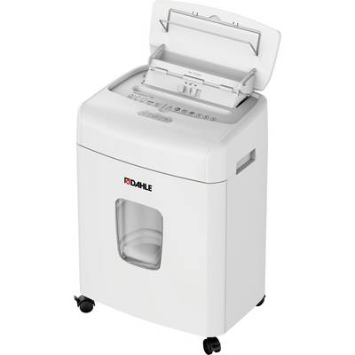 A white office shredder on wheels with an open document feed. Ideal for securely destroying paper documents.