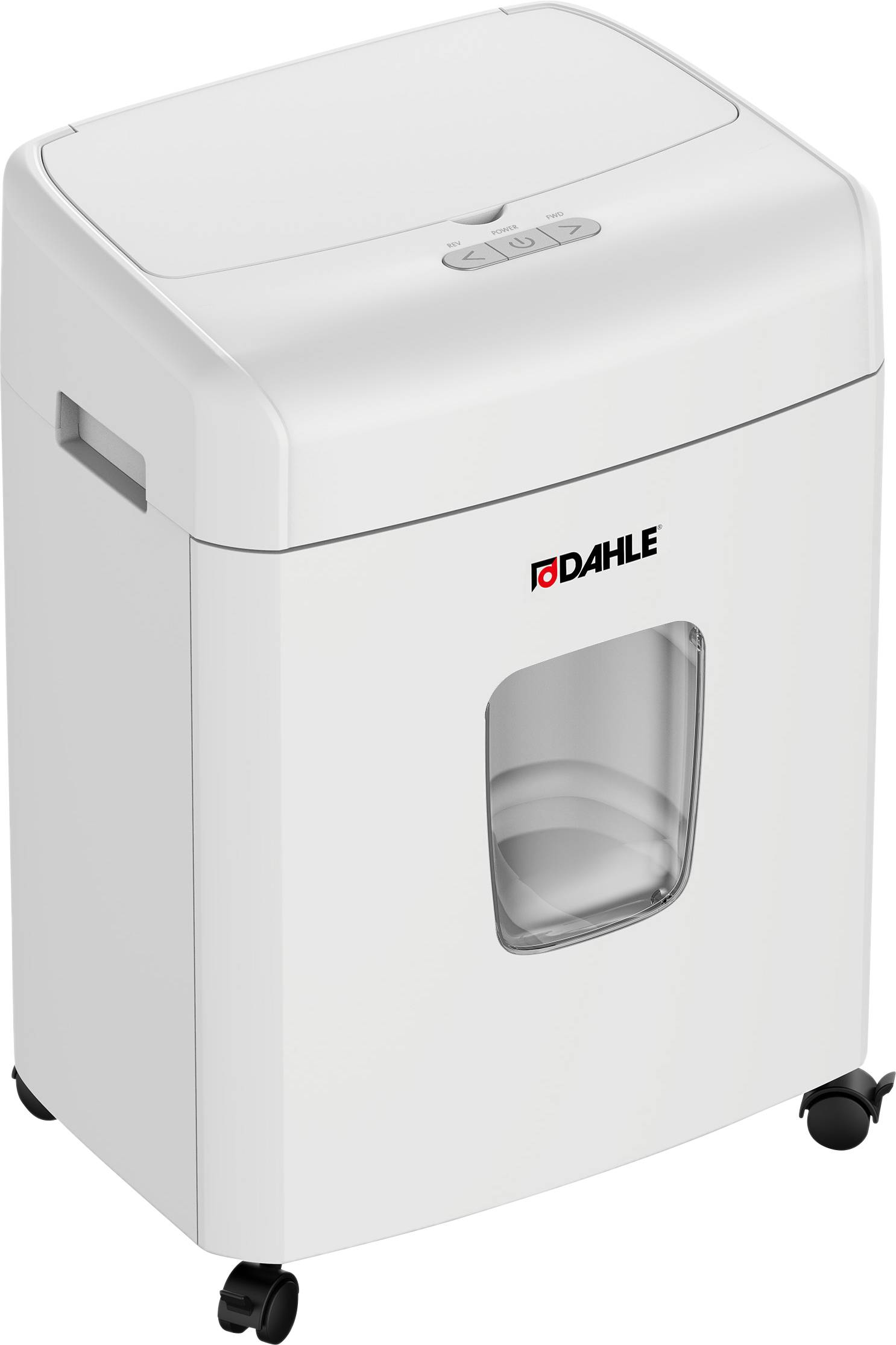 Paper shredder with closed compartment, 'DAHLE' brand logo visible, mounted on castors for mobility.