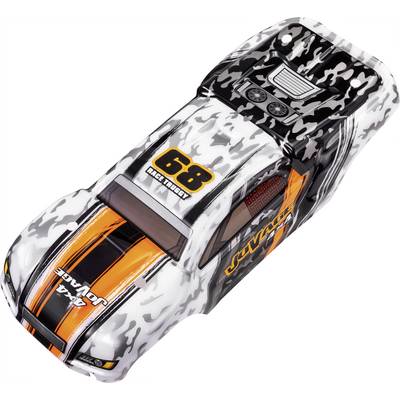 Toy racing car in camouflage design with orange and black stripes and the number '68' on the bonnet.