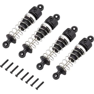Four black shock absorbers with silver springs and twelve black screws, arranged side by side.