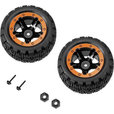 Two black-orange RC tyres with hexagonal lock and screws.