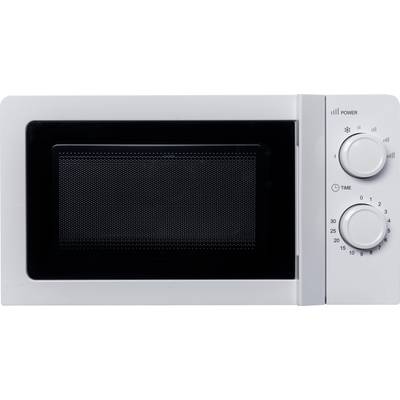 White microwave with two rotary knobs: one for power setting, the other for time. Front has a viewing window.