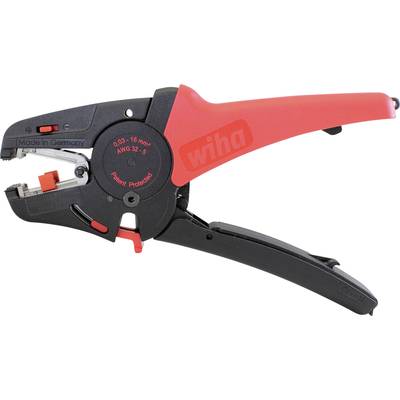 Automatic wire stripping pliers by Wiha, black and red, suitable for cable diameters from 0.03 to 16 mm², manufactured in Germany.