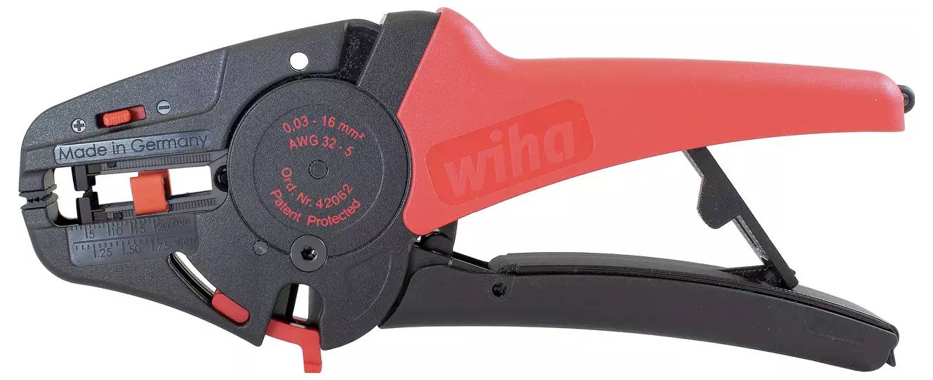 Automatic wire stripping pliers with adjustable cutting capacity, red and black design, featuring 'Made in Germany' and 'wiha' inscription.
