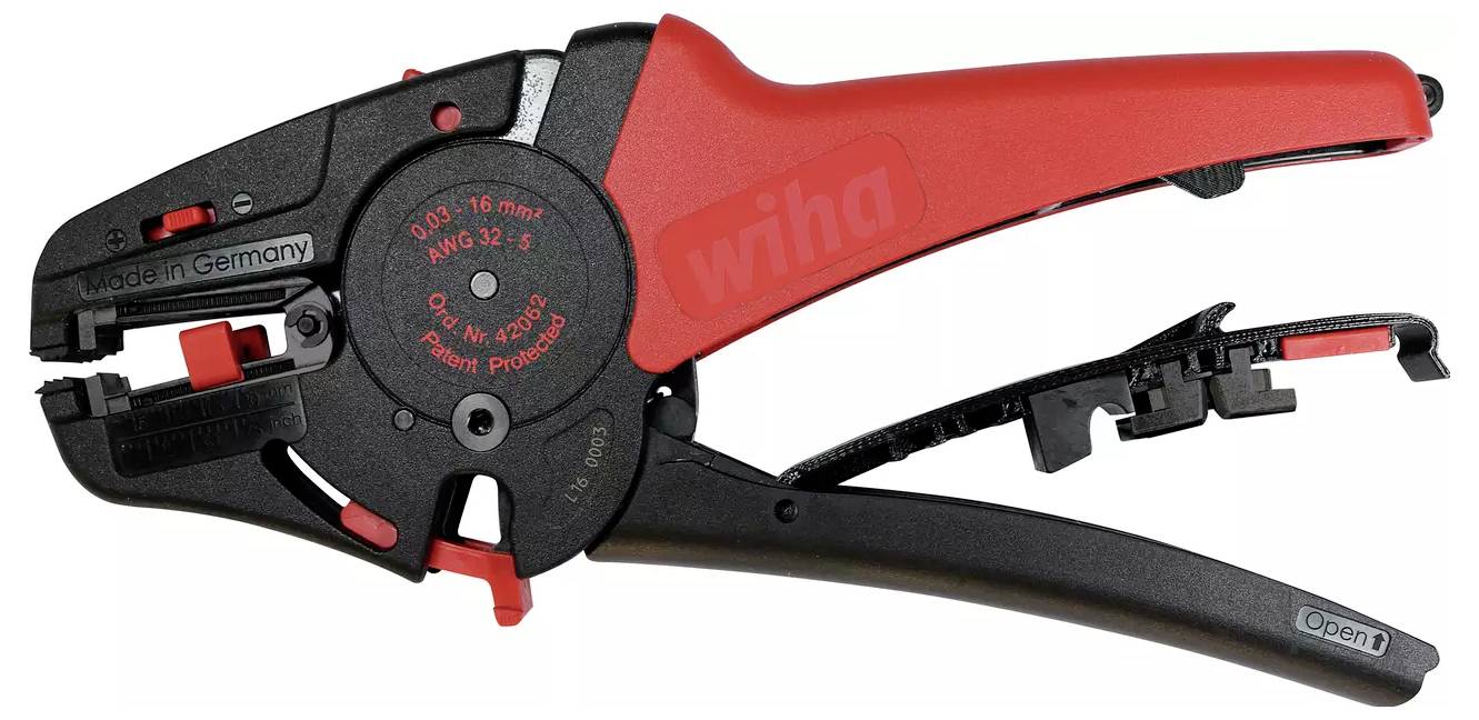 Pictured is a red and black automatic wire stripping pliers by Wiha, suitable for cable diameters from 0.03-16 mm².