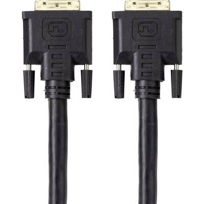 Two black DVI cables with rectangular connectors and gold contact pins. Suitable for connecting monitors and computers.