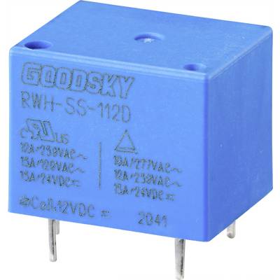 Blue relay with the inscription 'GOODSKY RWH-SS-112D', specified for 12A up to 277VAC and 12VDC, standing on silver pins.