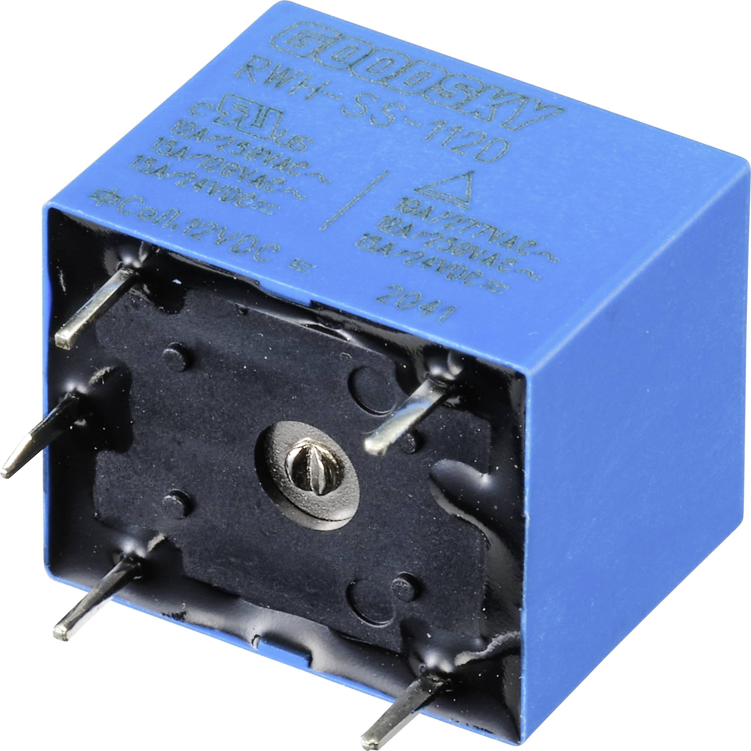 Blue relay with black terminals and printed technical specifications. Suitable for electronic circuits.
