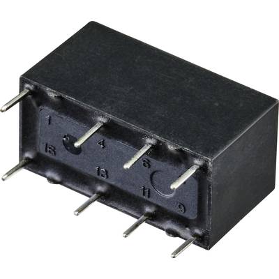 A rectangular, black electronic component with eight metal pins, resembling a relay or similar device.