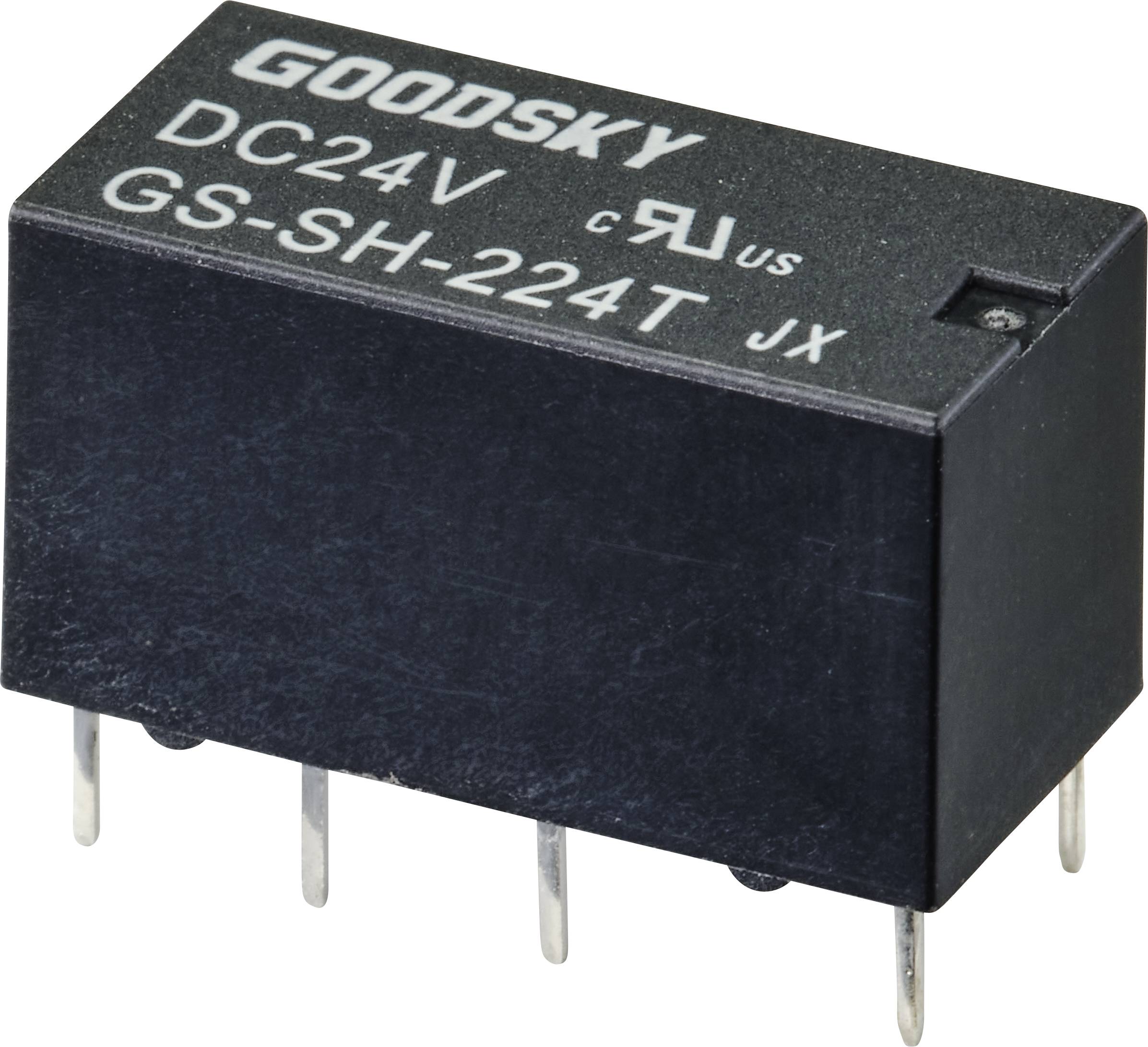 A black, rectangular relay with the inscription 'GOODSKY DC24V GS-SH-224T JX'. It has several metal pins for connection.