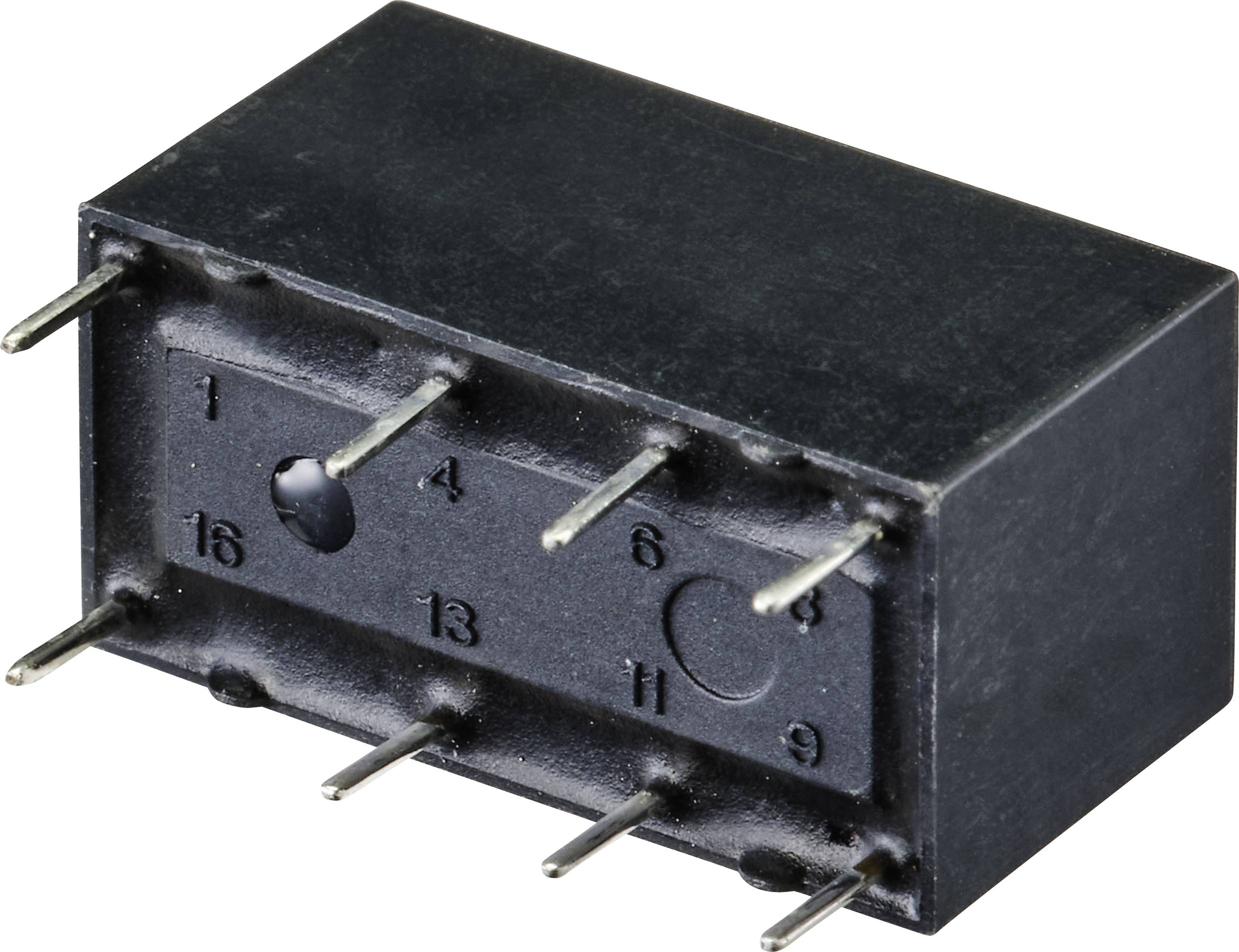 A rectangular electronic component with a total of 16 metal pins protruding from the underside.